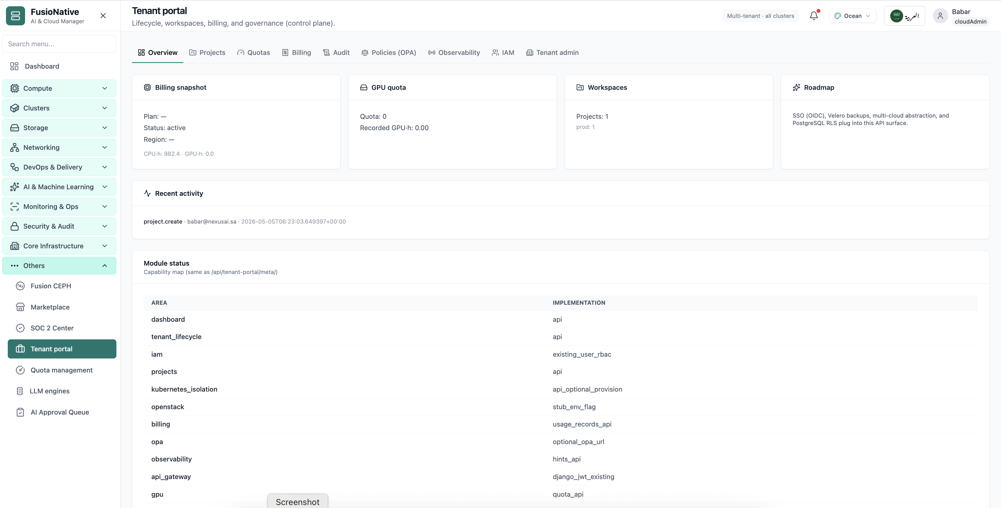 Tenant portal overview with billing, GPU quota, and workspaces.